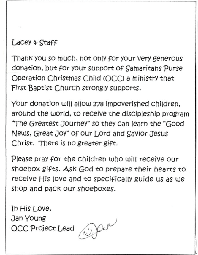 Operation Christmas Child Thank You Note